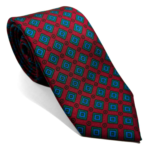 Slim Screen-Printed Red Geometric Silk Tie