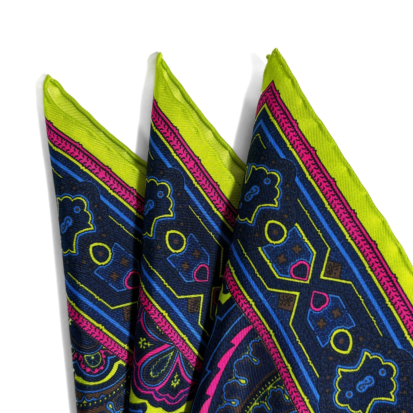 Neon Green & Brown Paisley Silk Pocket Square