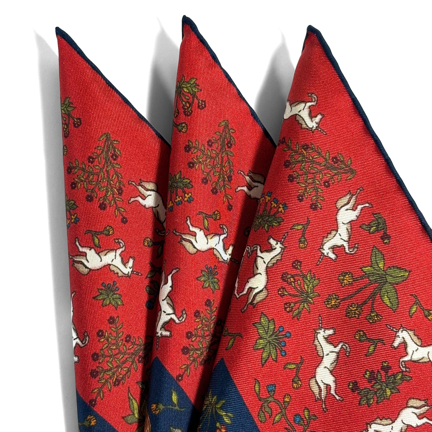 Navy Blue & Red Unicorn Motif Ancient Madder Silk Pocket Square