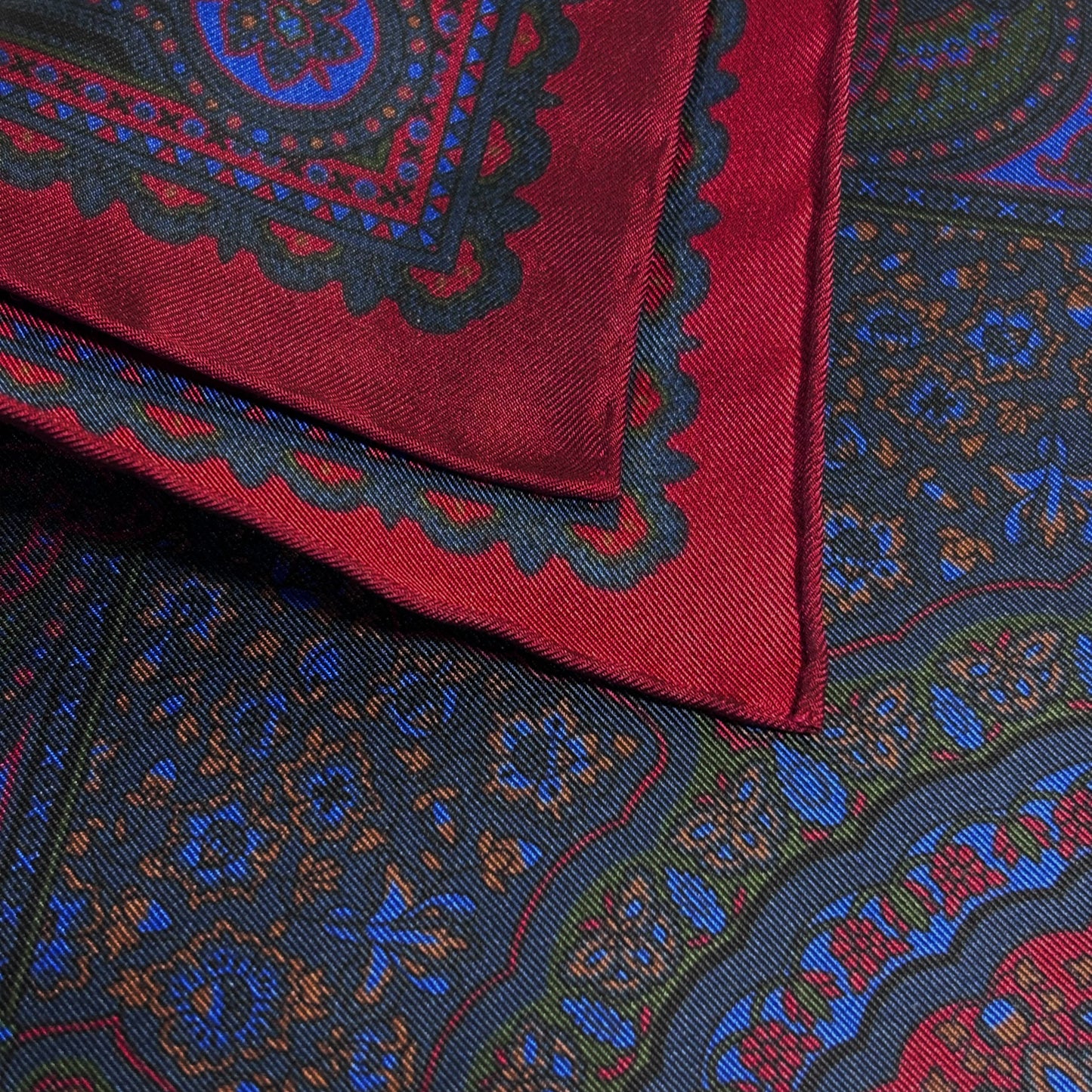 Navy Blue & Burgundy Floral Medallion Ancient Madder Silk Pocket Square