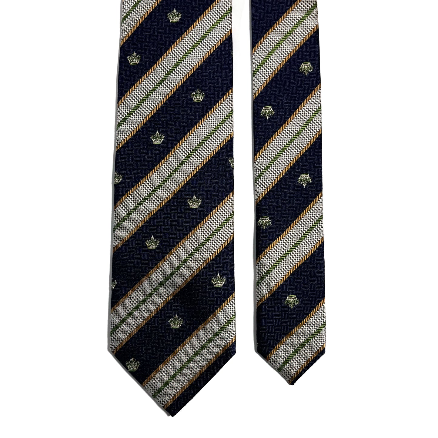 Navy Blue & Silver Striped Crown Motif Silk Jacquard Tie