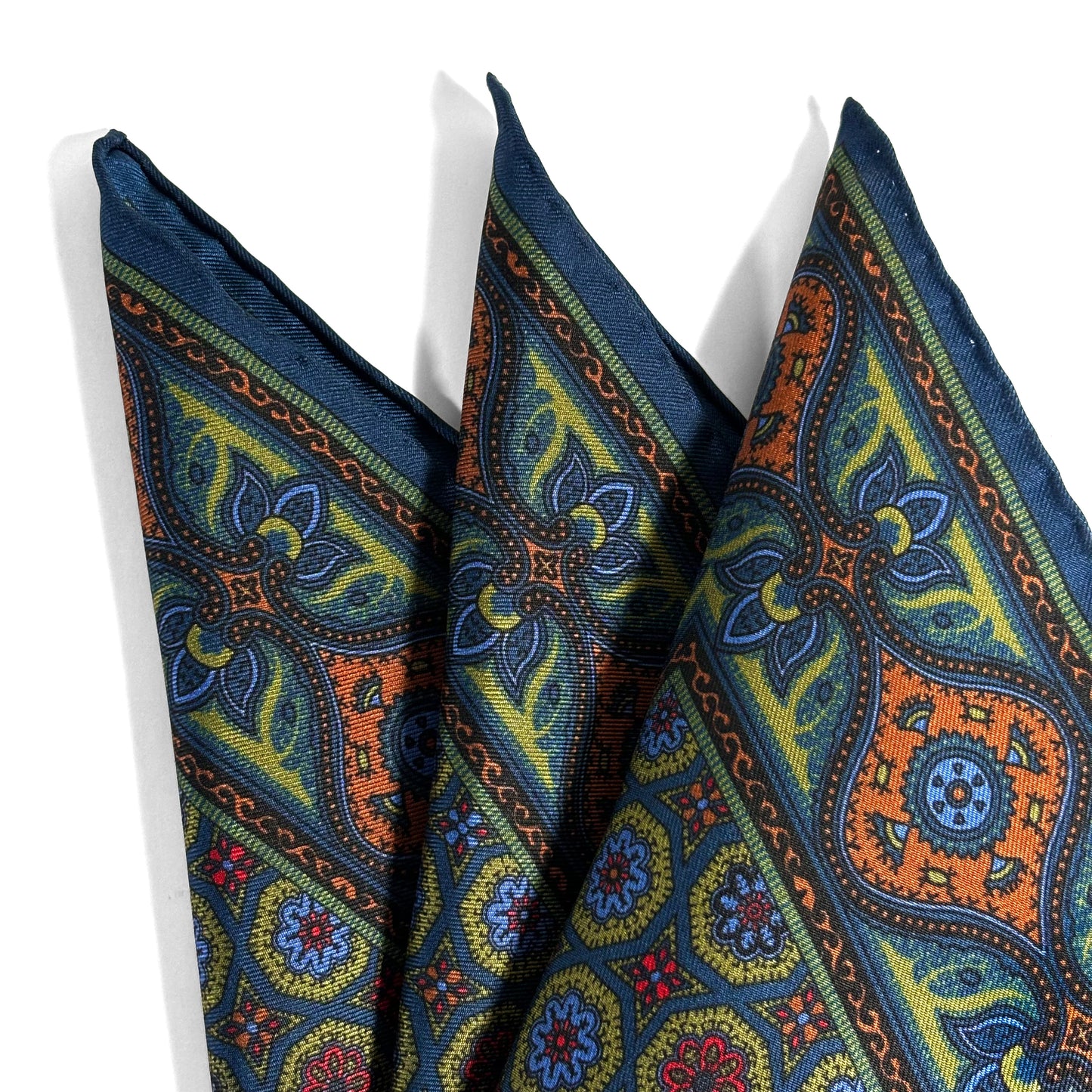Olive Green & Navy Blue Geometric Ancient Madder Silk Pocket Square