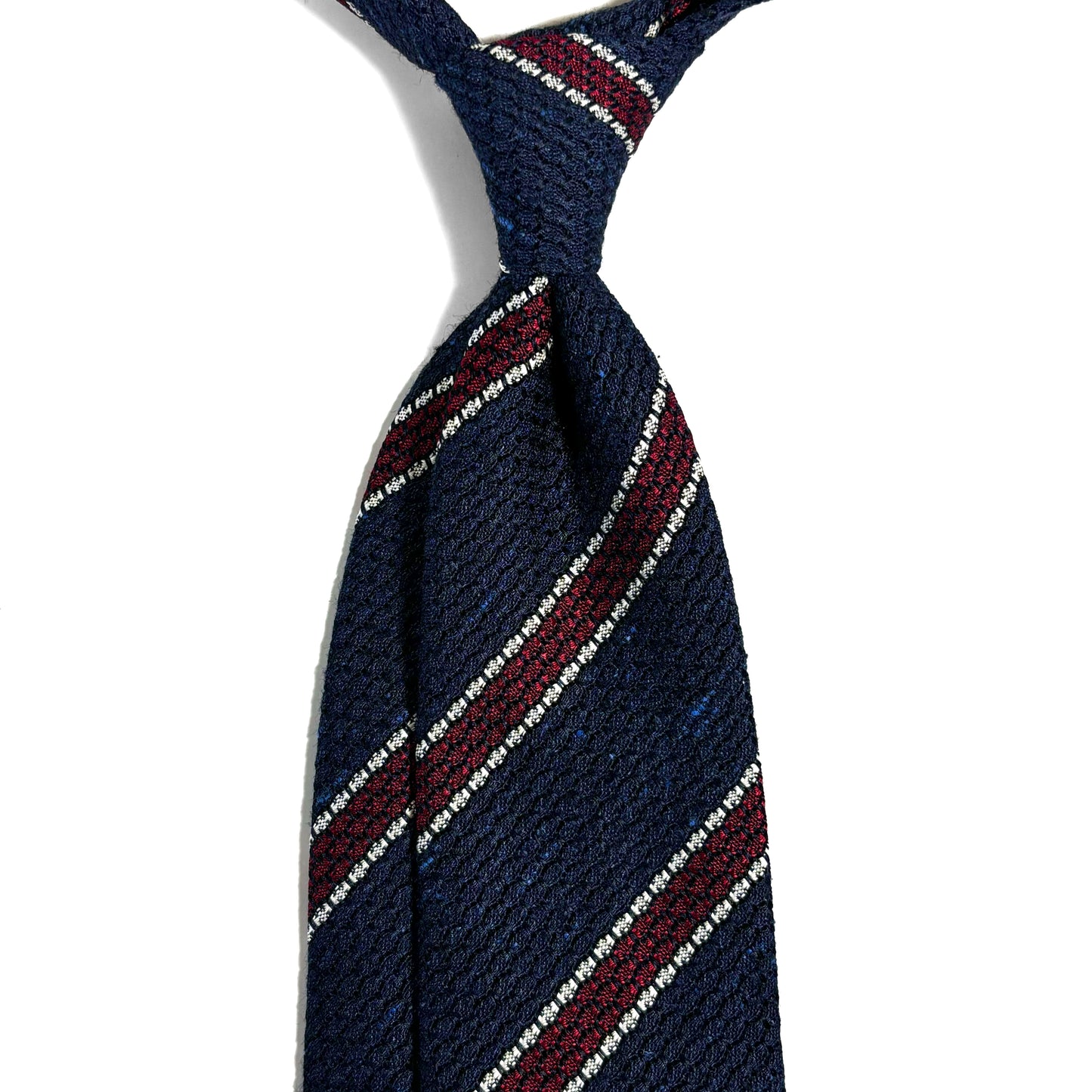 Navy Blue & Red Striped Tussah Jaspe Silk Grenadine Tie (Garza Grossa)