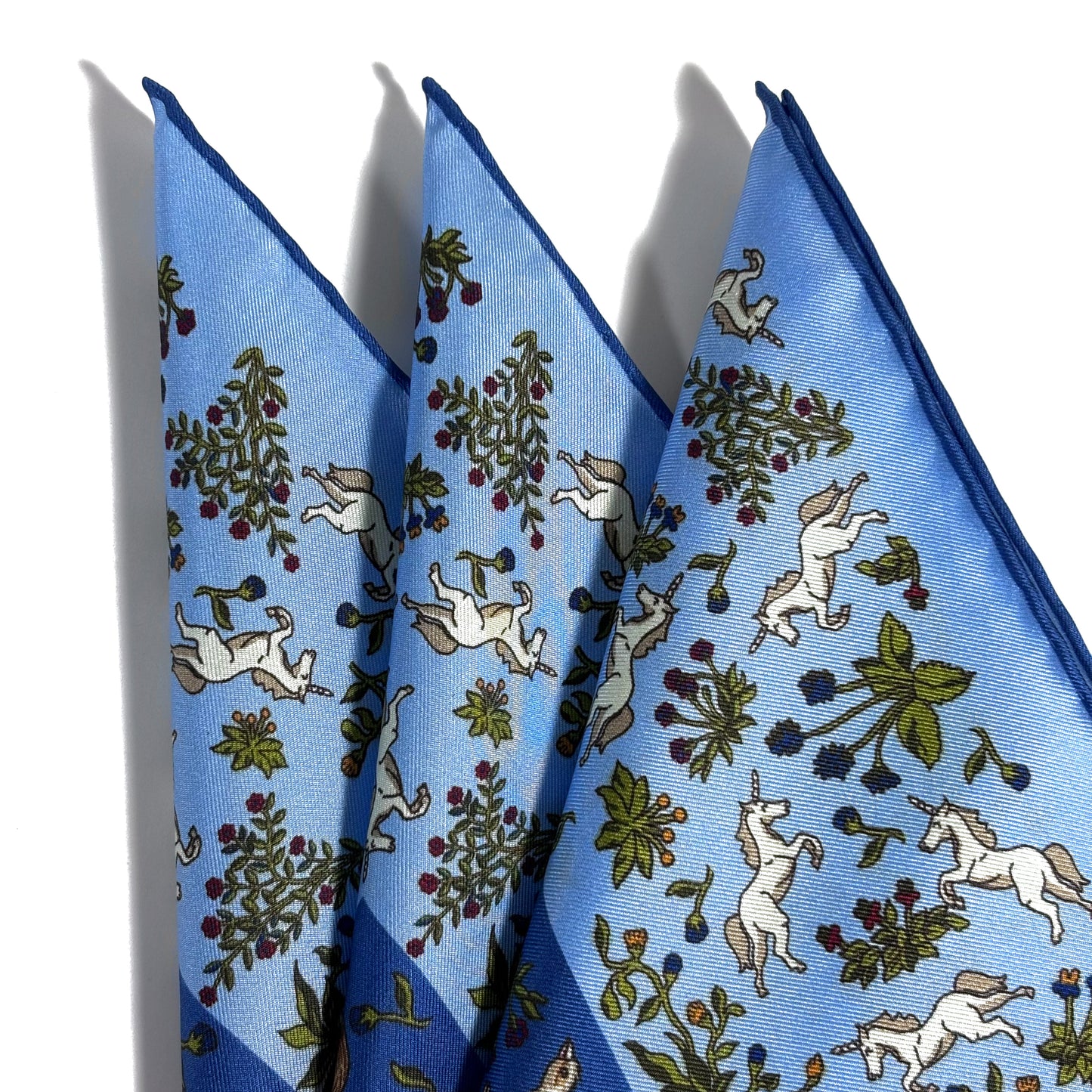 Light Blue & Blue Unicorn Motif Ancient Madder Silk Pocket Square