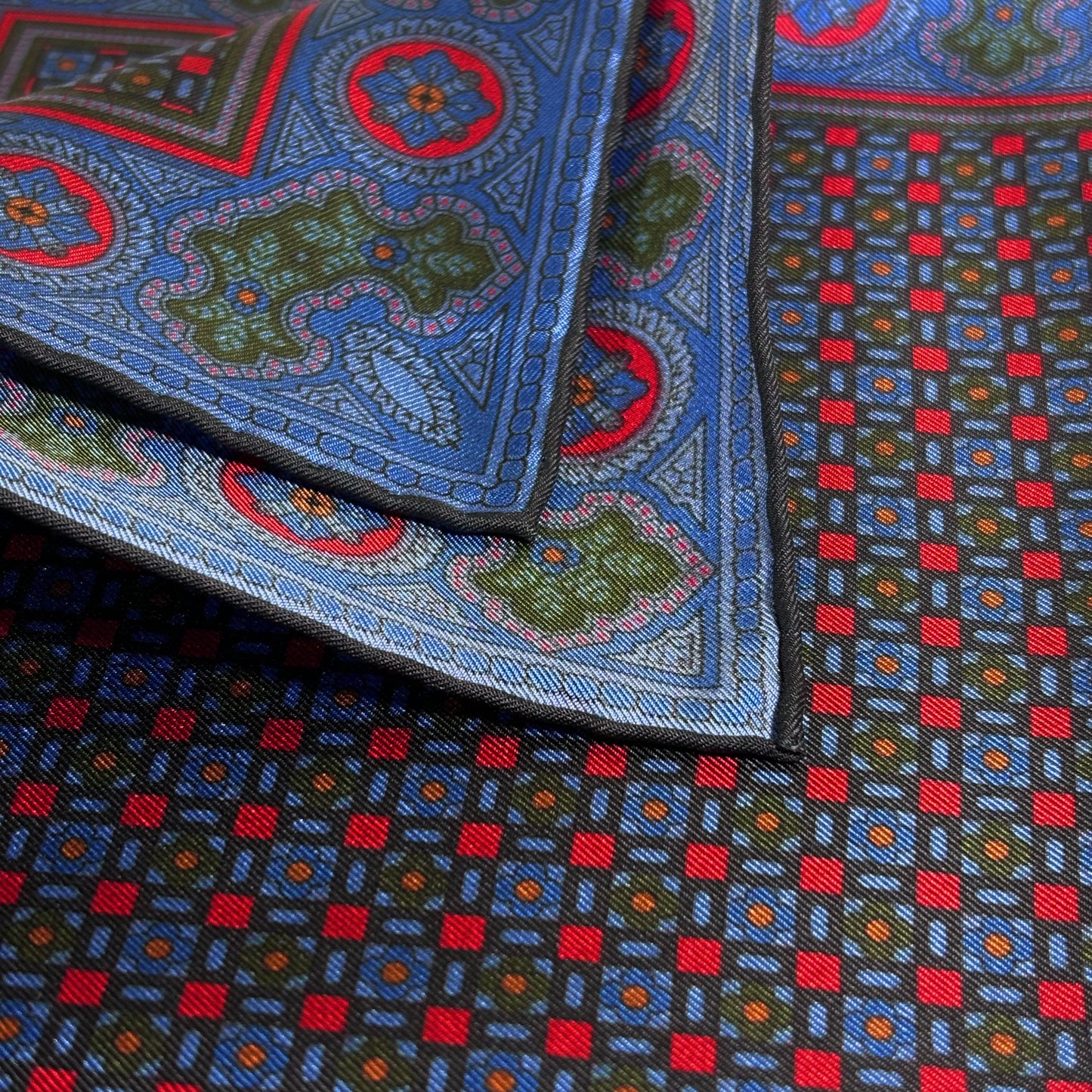 Blue & Red Small Geometric Ancient Madder Silk Pocket Square