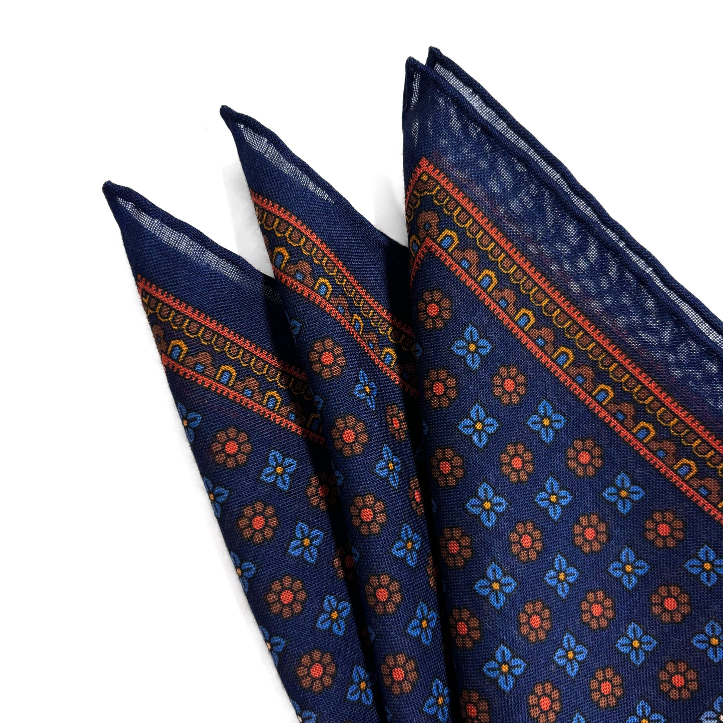 Navy Blue - Floral - Wool/Silk Pocket Square