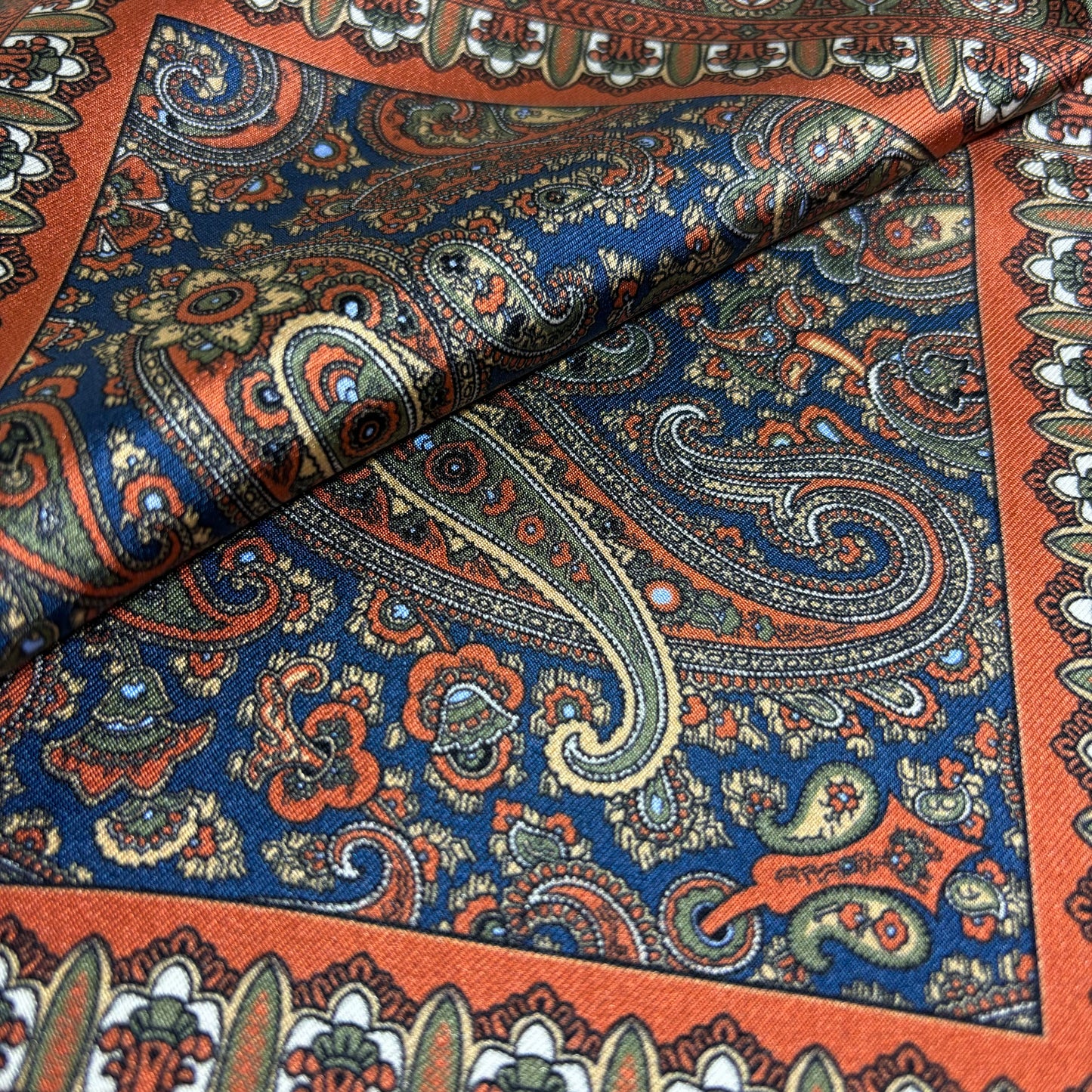 Navy Blue & Orange Paisley Silk Pocket Square