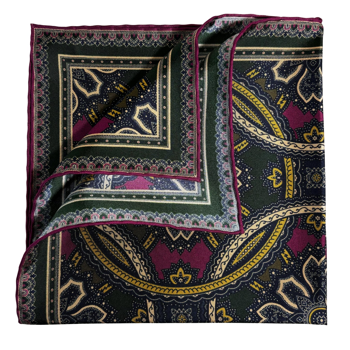Forest Green & Purple Large Medallion Silk Pocket Square