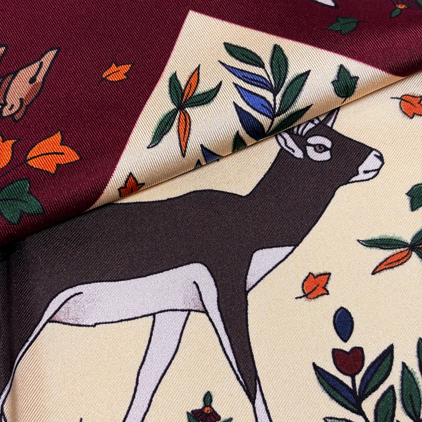 Ivory & Burgundy Gazelle Motif Ancient Madder Silk Pocket Square