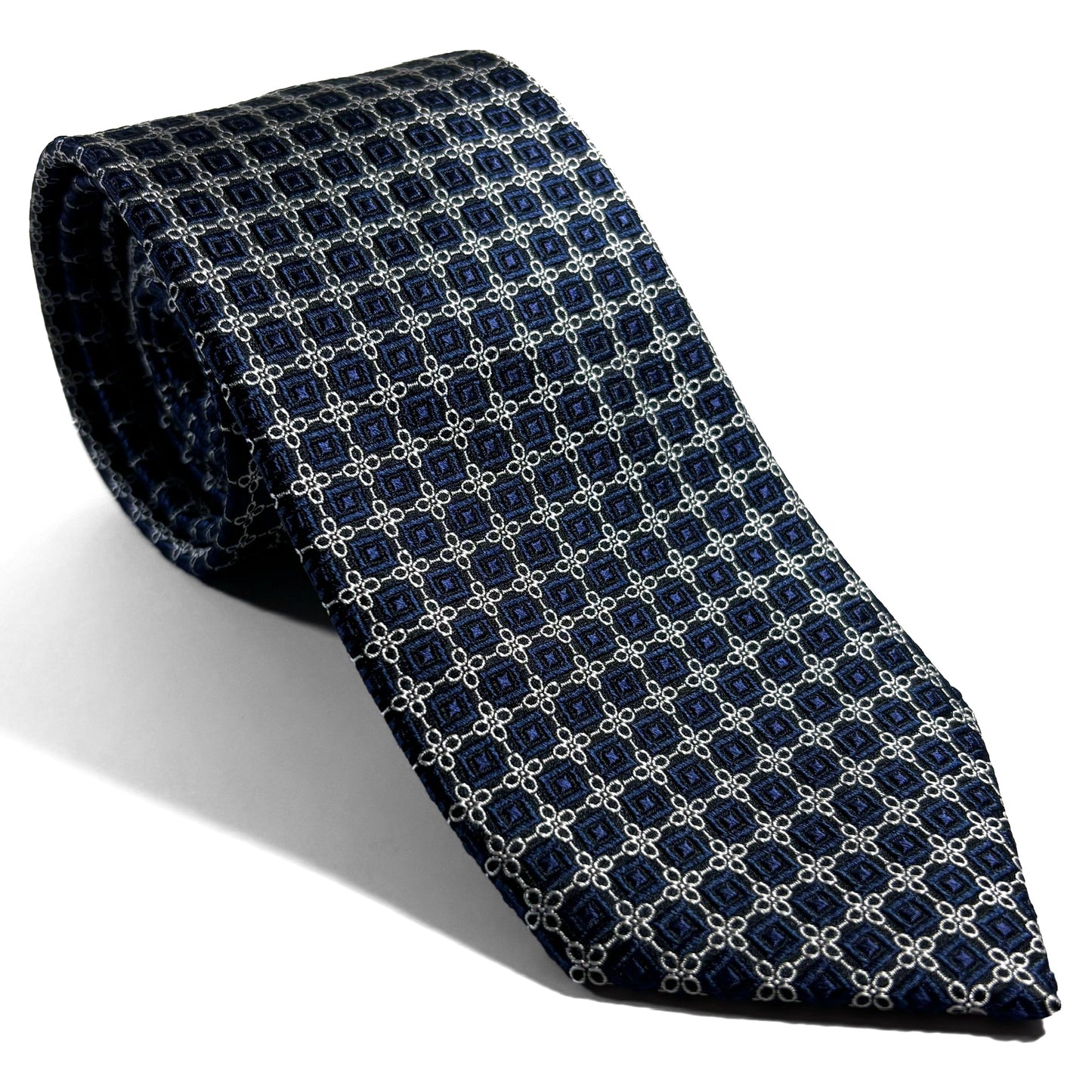 Navy Blue & Silver Geometric Silk Jacquard Tie