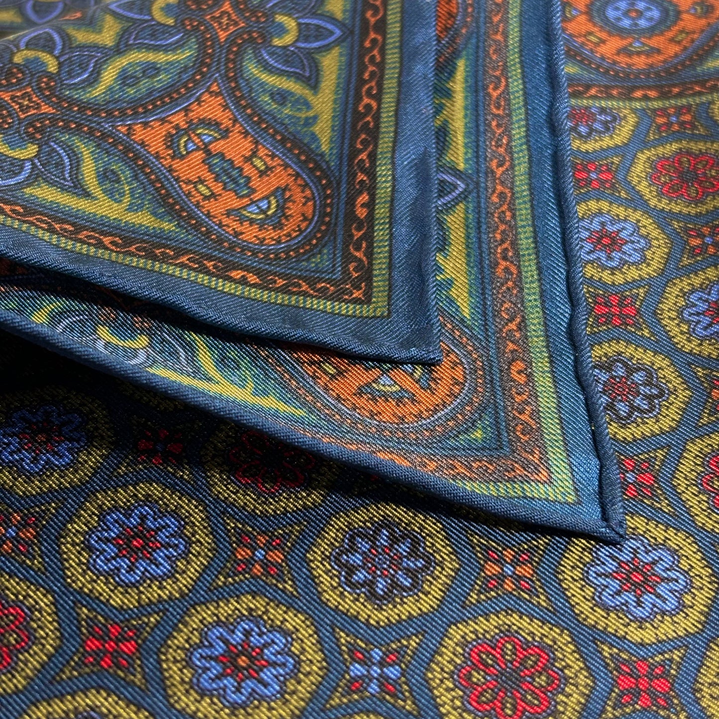 Olive Green & Navy Blue Geometric Ancient Madder Silk Pocket Square