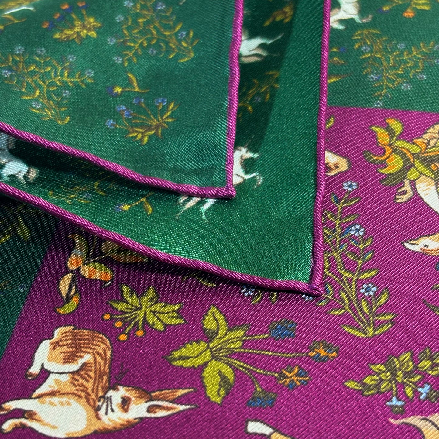 Forest Green & Purple Unicorn Motif Ancient Madder Silk Pocket Square