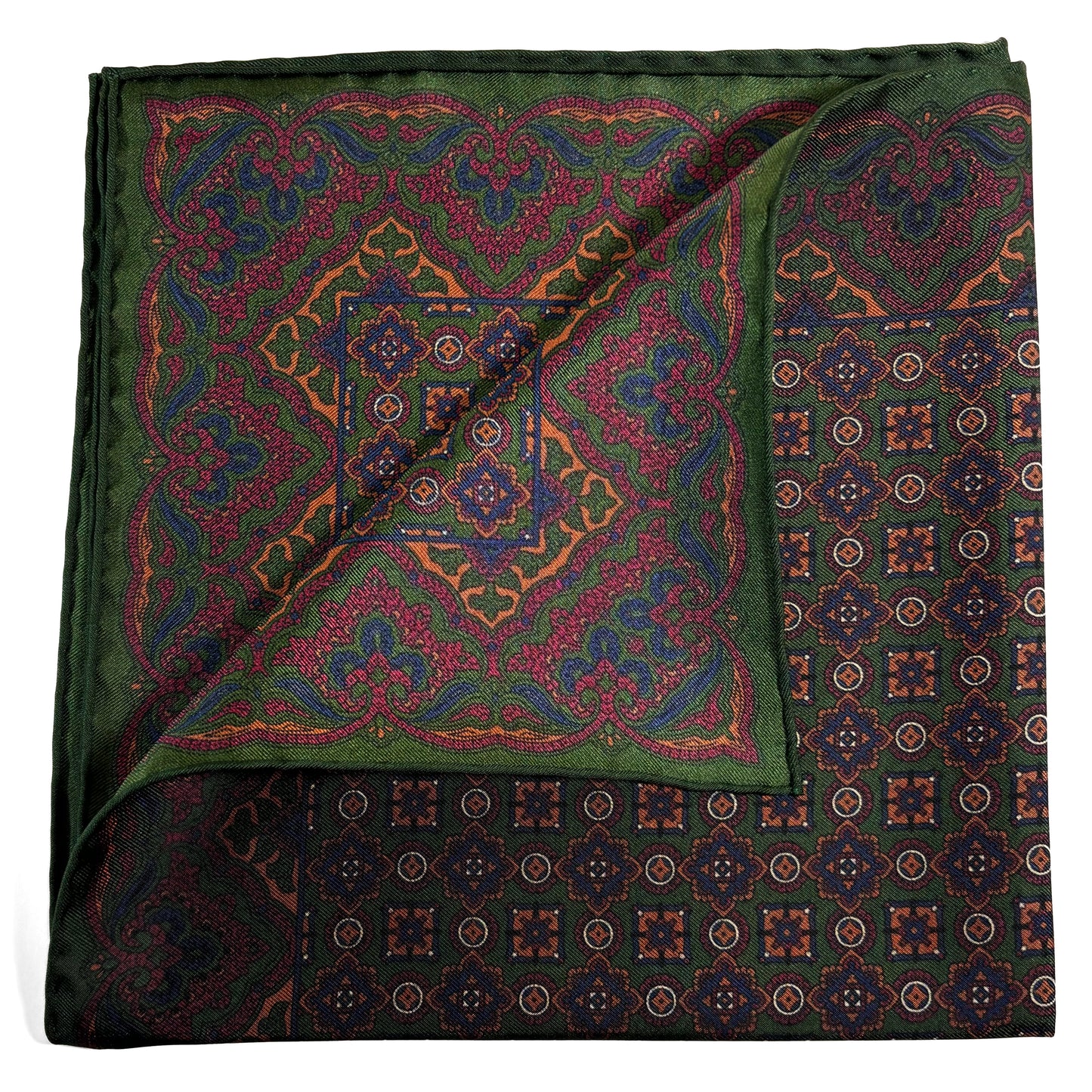Forest Green & Bronze Geometric Ancient Madder Silk Pocket Square