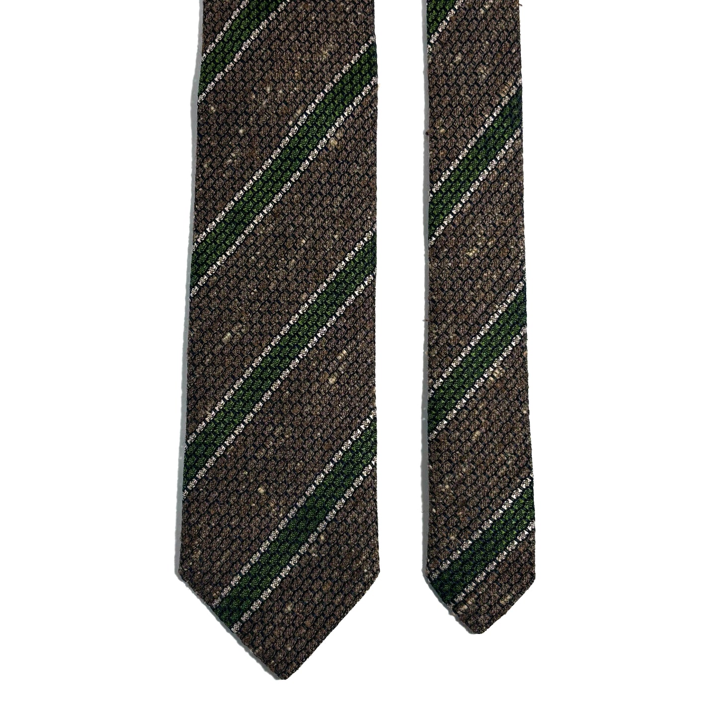 Brown & Green Striped Tussah Jaspe Silk Grenadine Tie (Garza Grossa)