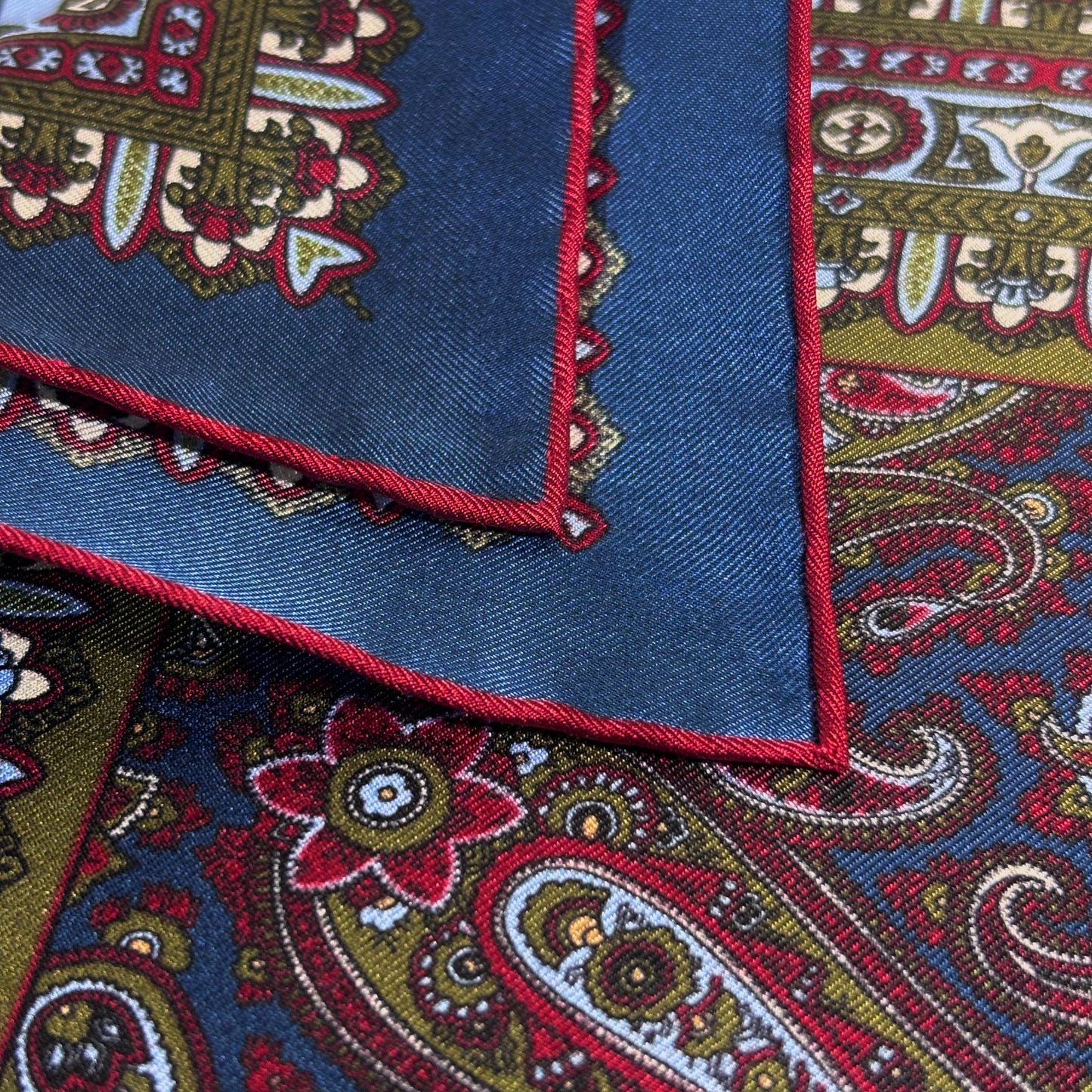 Navy Blue & Red Green Paisley Silk Pocket Square