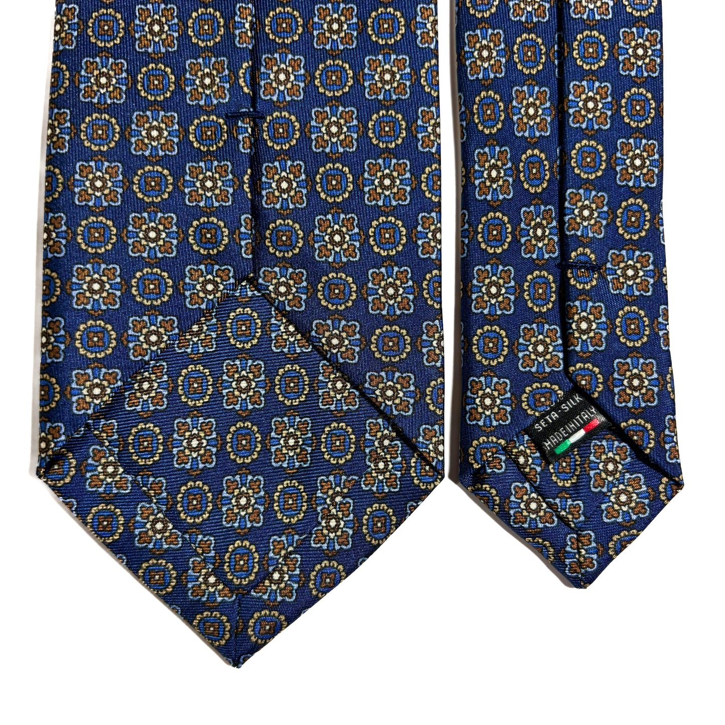 Navy Blue Geometric Foulard Printed Silk Twill Tie