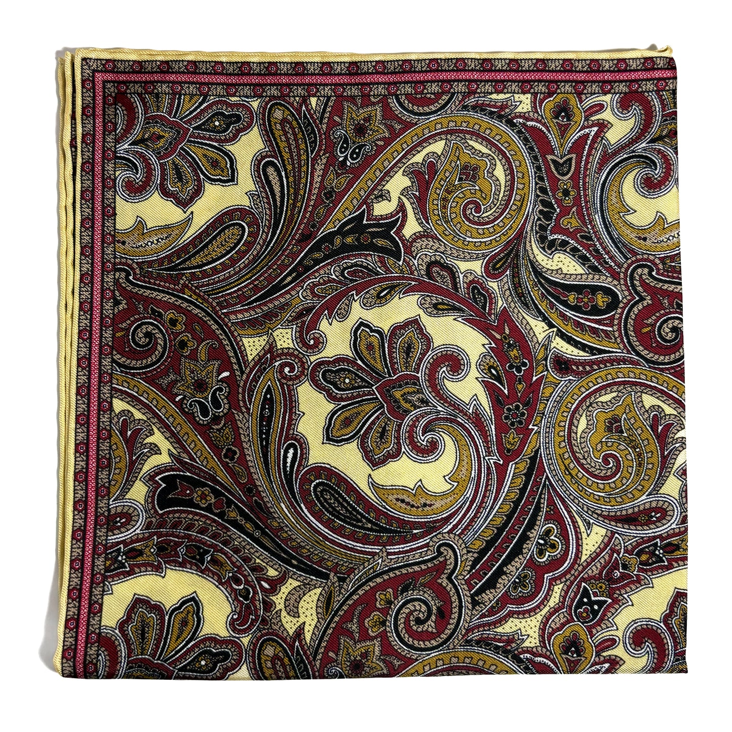 Buff Yellow & Burgundy Paisley Silk Pocket Square