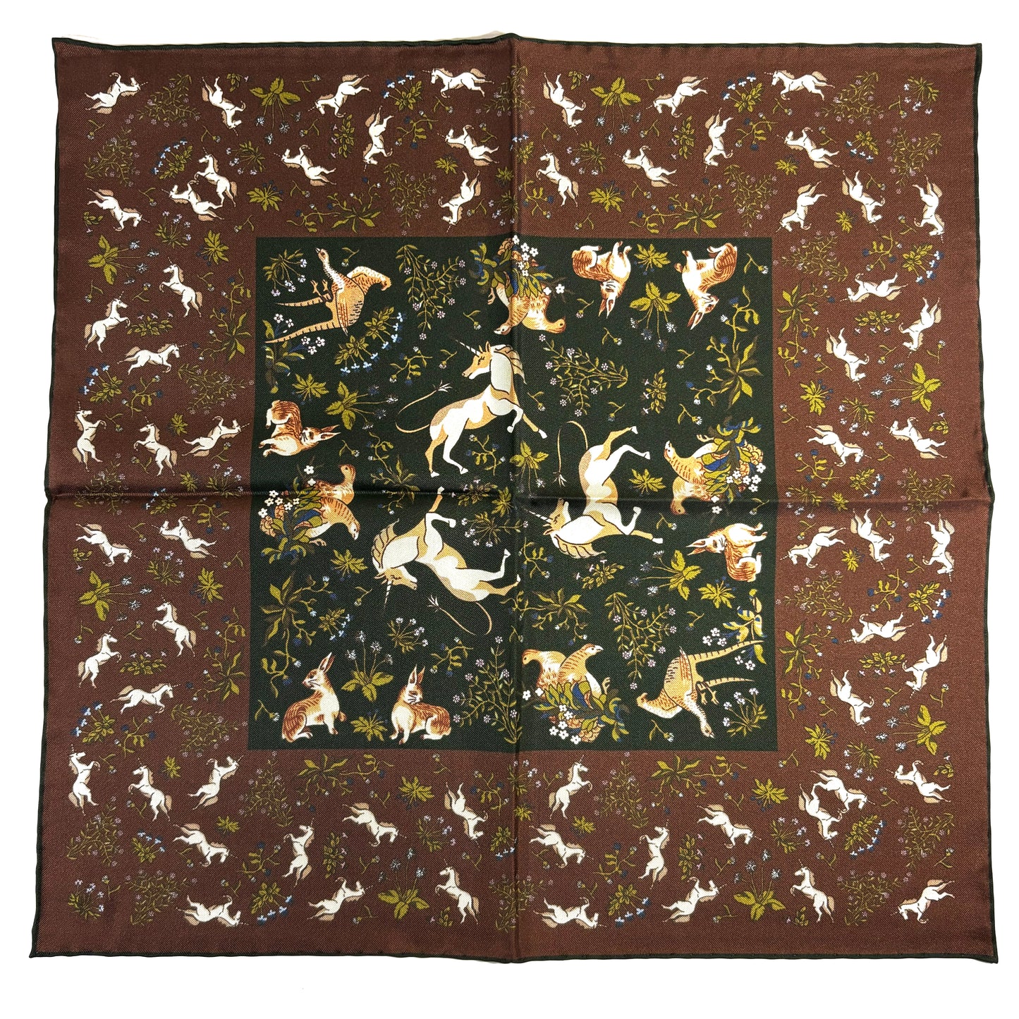 Forest Green & Brown Unicorn Motif Ancient Madder Silk Pocket Square