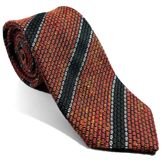 Autumn Orange & Green Striped Tussah Jaspe Silk Grenadine Tie (Garza Grossa)