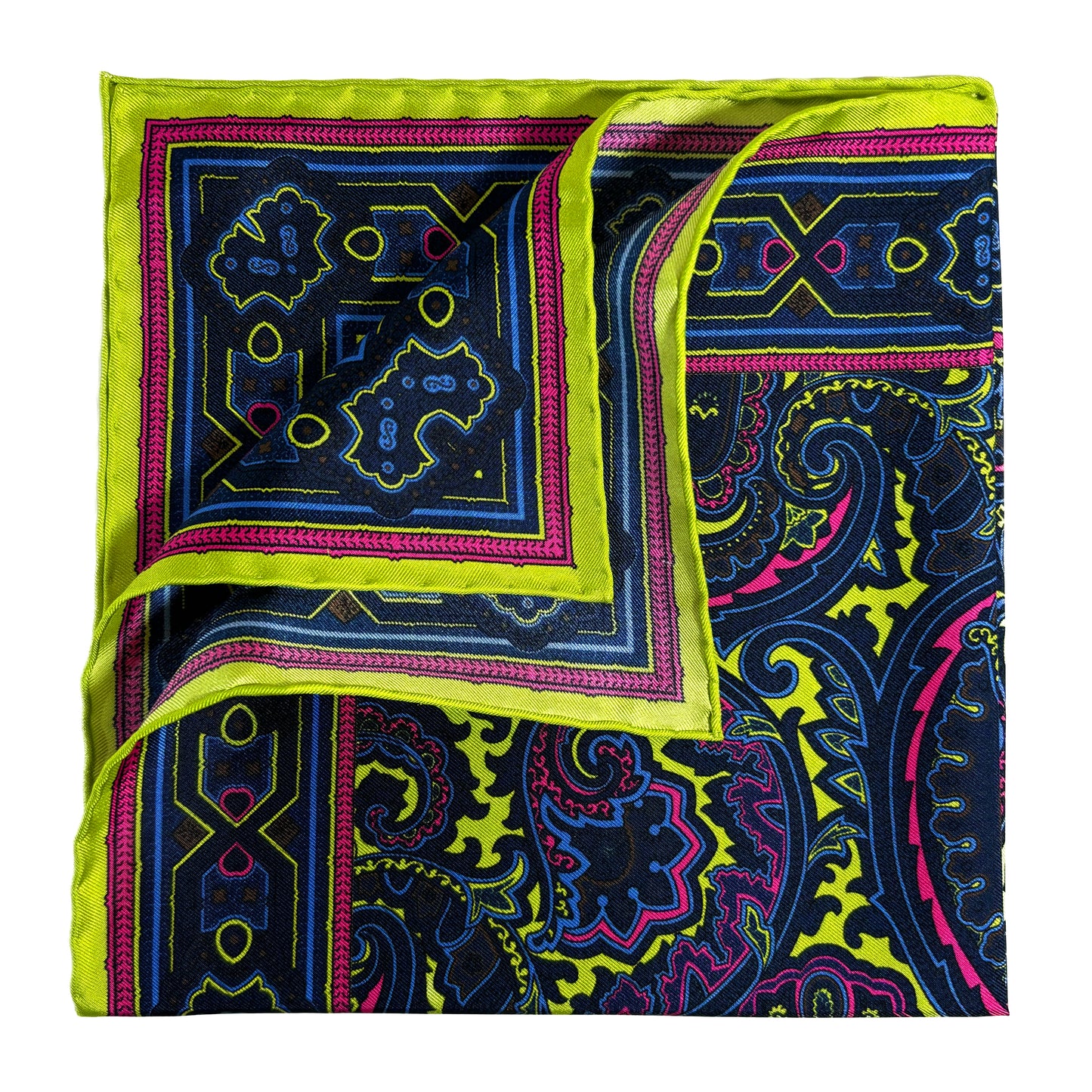 Neon Green & Brown Paisley Silk Pocket Square