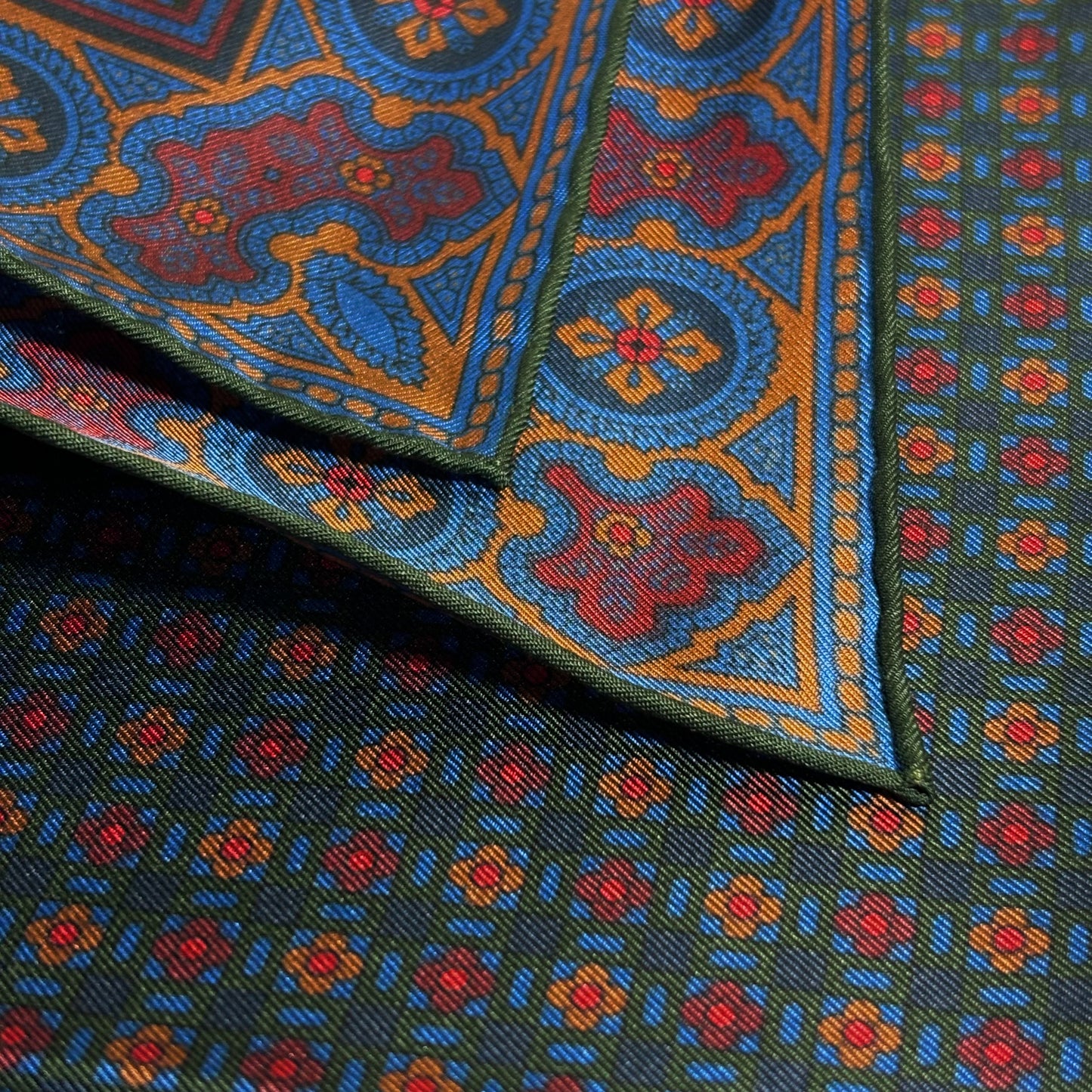 Forest Green & Bronze Small Geometric Ancient Madder Silk Pocket Square
