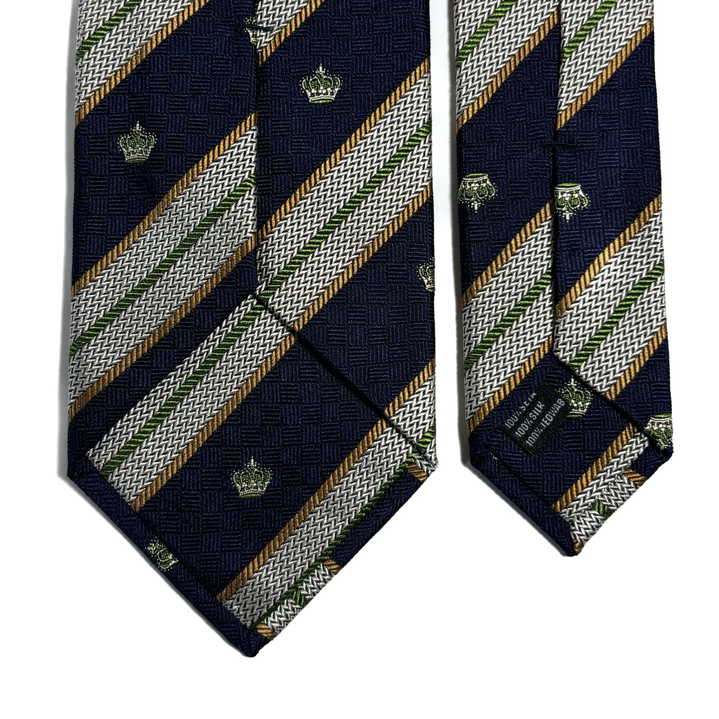 Navy Blue & Silver Striped Crown Motif Silk Jacquard Tie
