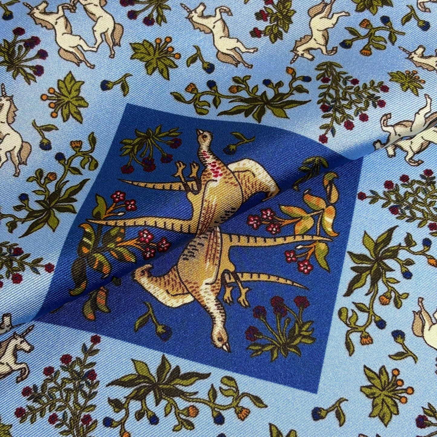Light Blue & Blue Unicorn Motif Ancient Madder Silk Pocket Square