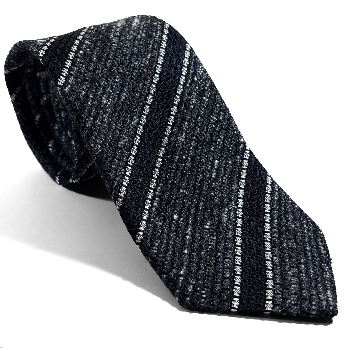 Charcoal Gray & Black Striped Tussah Jaspe Silk Grenadine Tie (Garza Grossa)