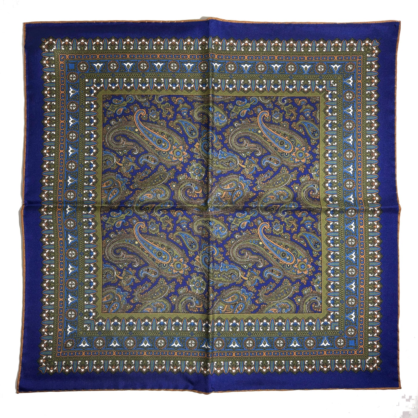 Navy Blue & Green Paisley Silk Pocket Square