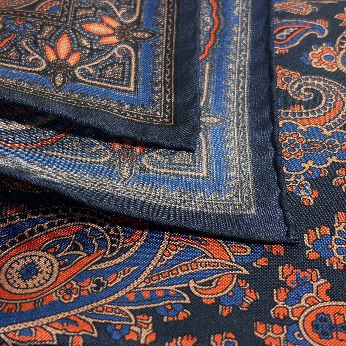 Navy Blue & Orange Paisley Ancient Madder Silk Pocket Square