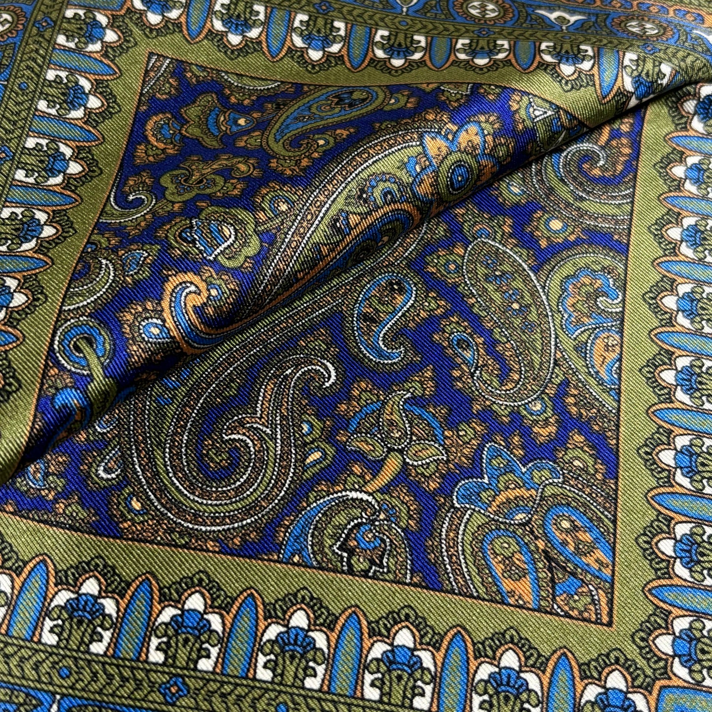 Navy Blue & Green Paisley Silk Pocket Square