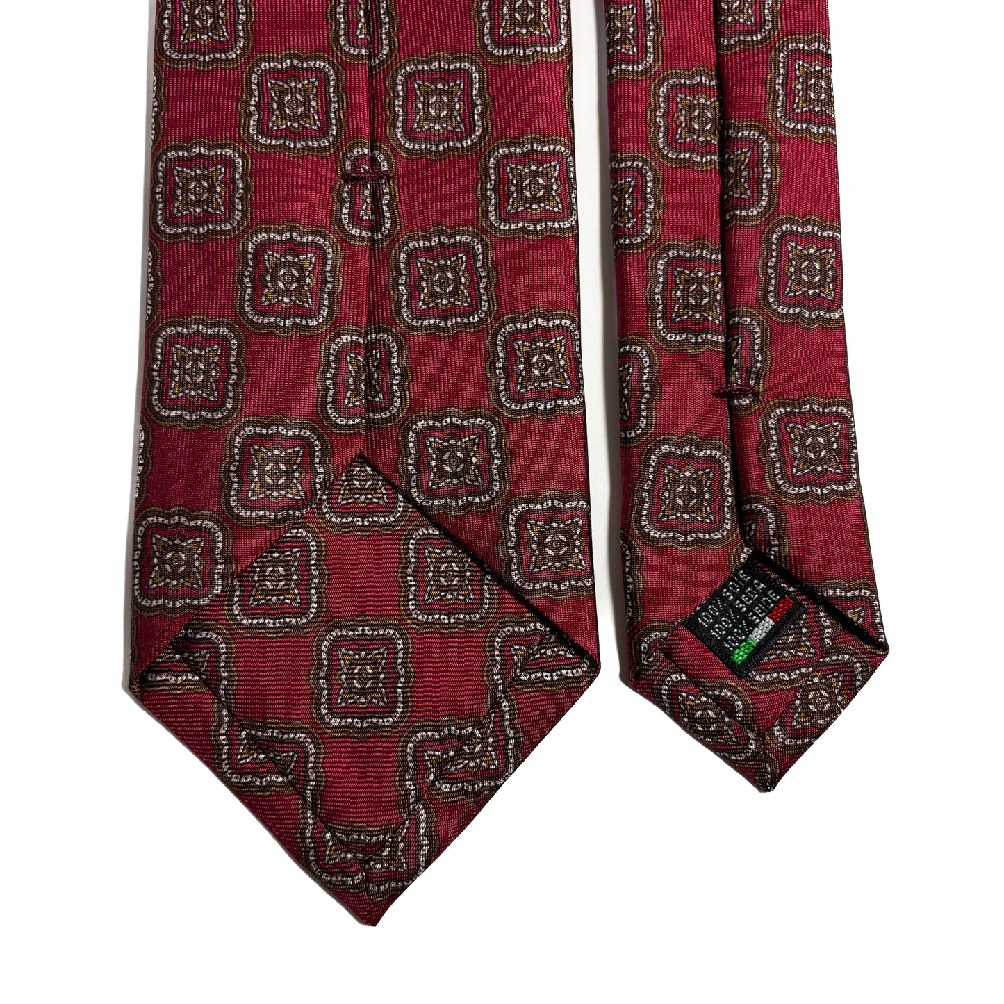 Hand-Printed Red Geometric Medallion Printed Silk Tie