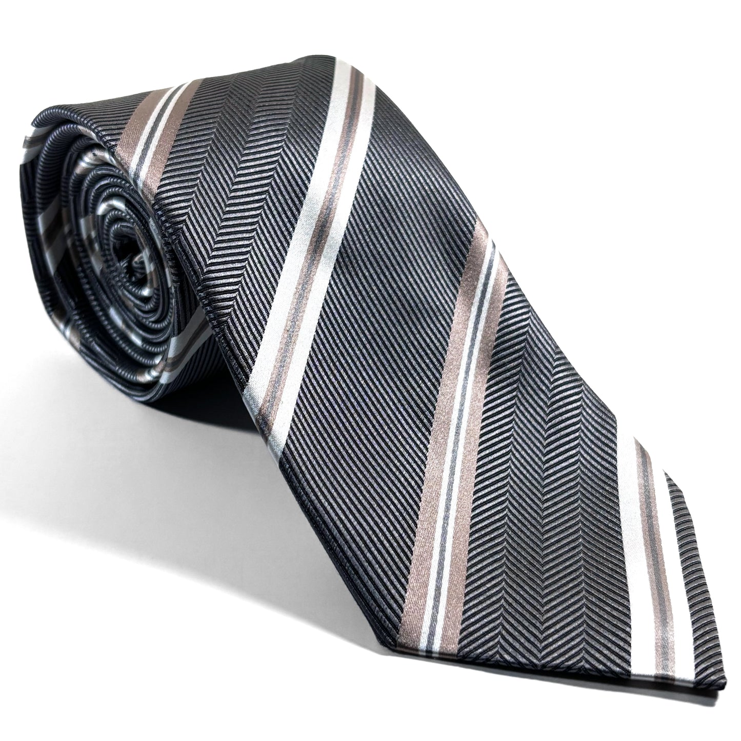 Gray & Beige Striped Silk Jacquard Tie