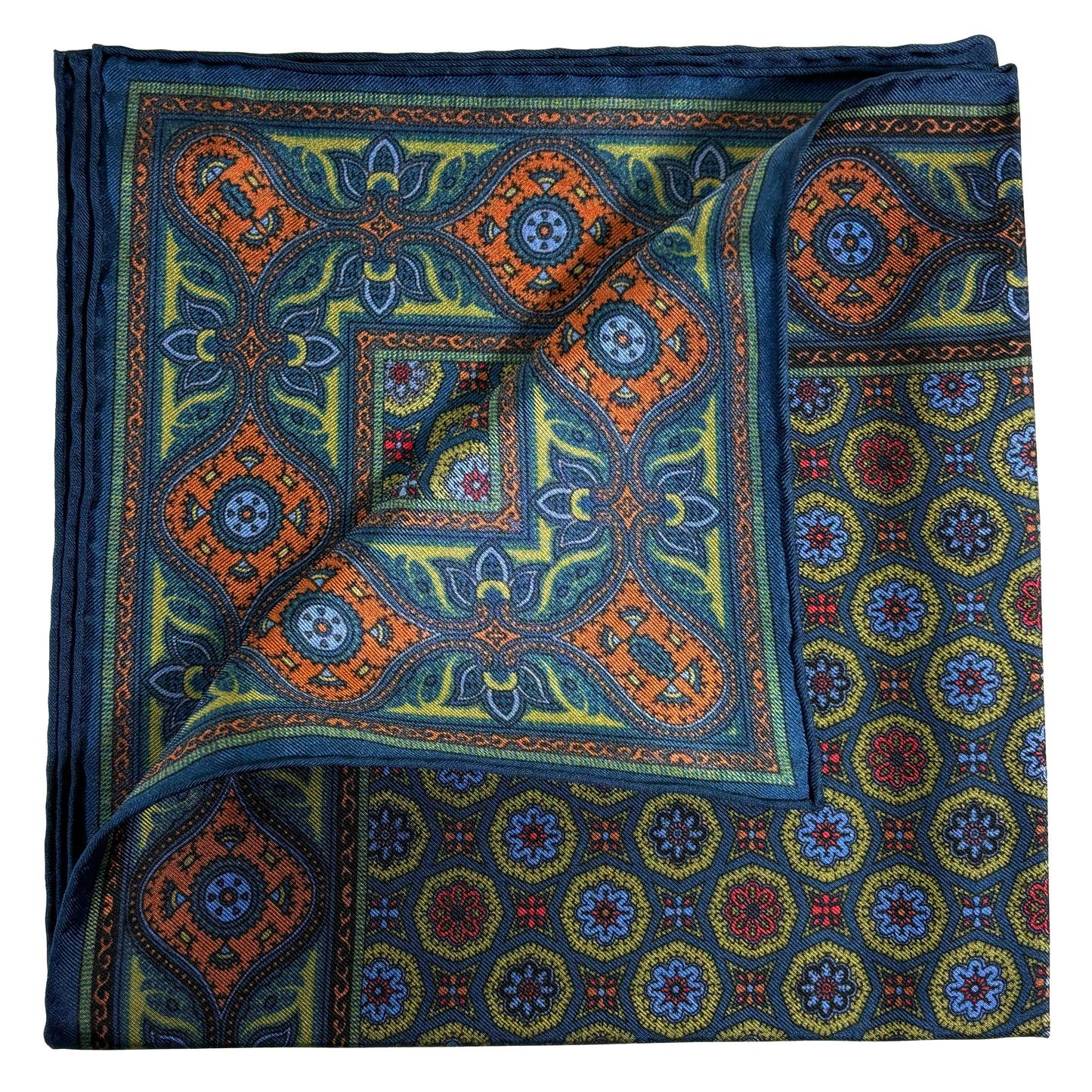 Olive Green & Navy Blue Geometric Ancient Madder Silk Pocket Square