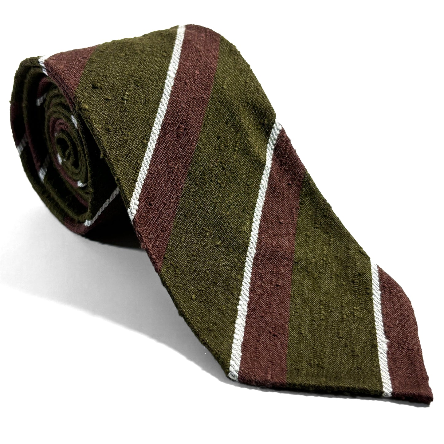 Untipped Olive Green / Brown Striped Silk Shantung Tie