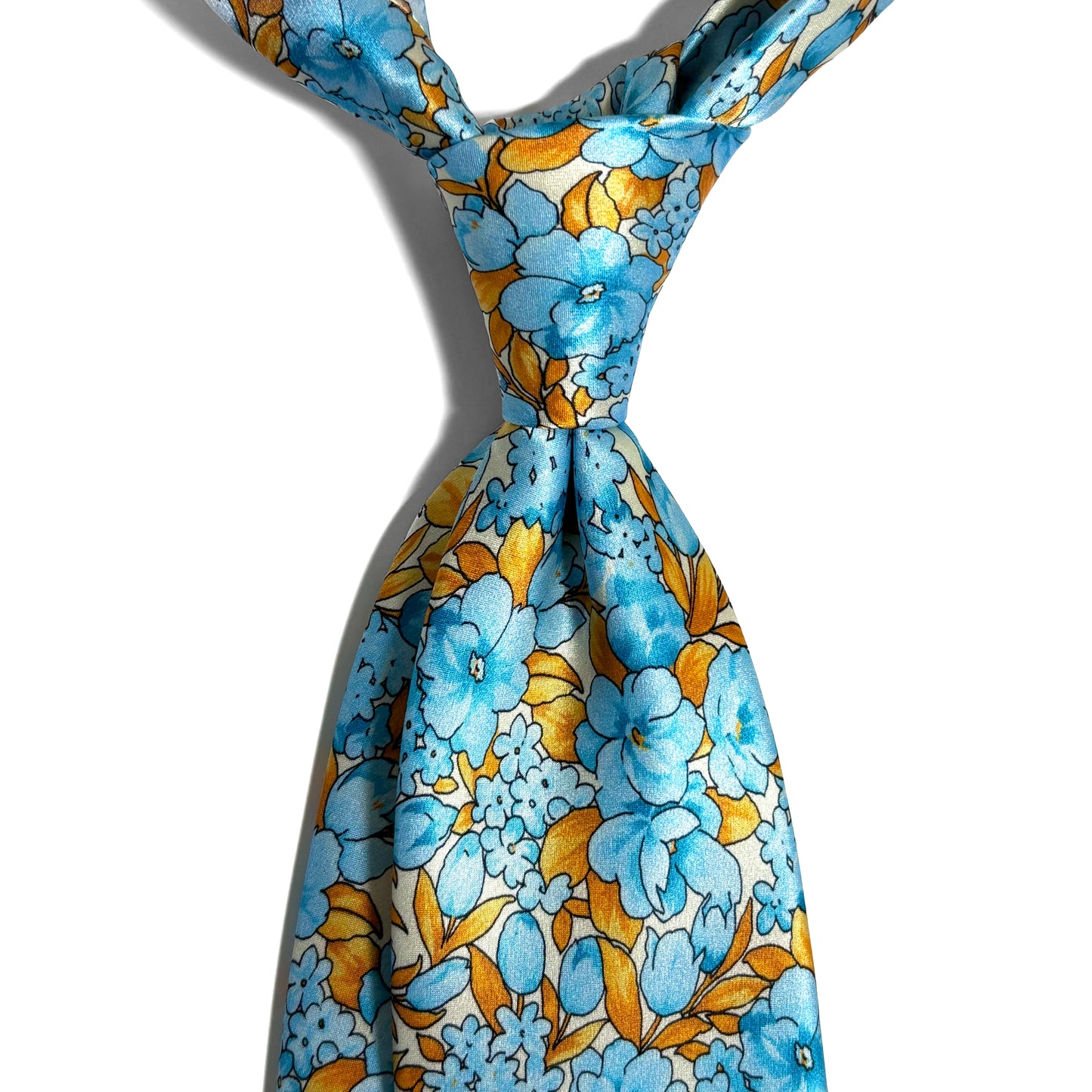 Light Blue & Gold Floral Motif Silk Satin Tie