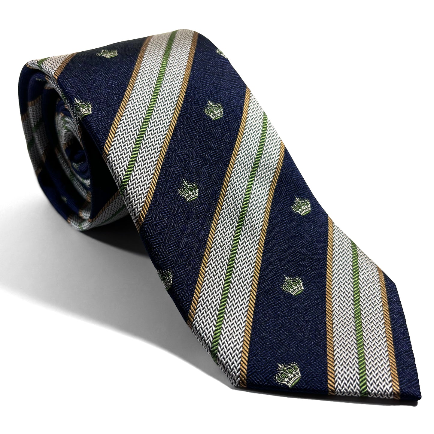 Navy Blue & Silver Striped Crown Motif Silk Jacquard Tie