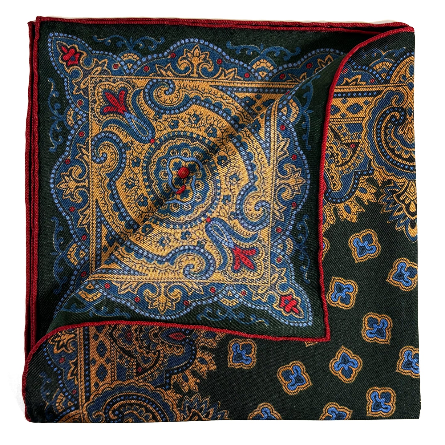 Forest Green & Orange Medallion Ancient Madder Silk Pocket Square