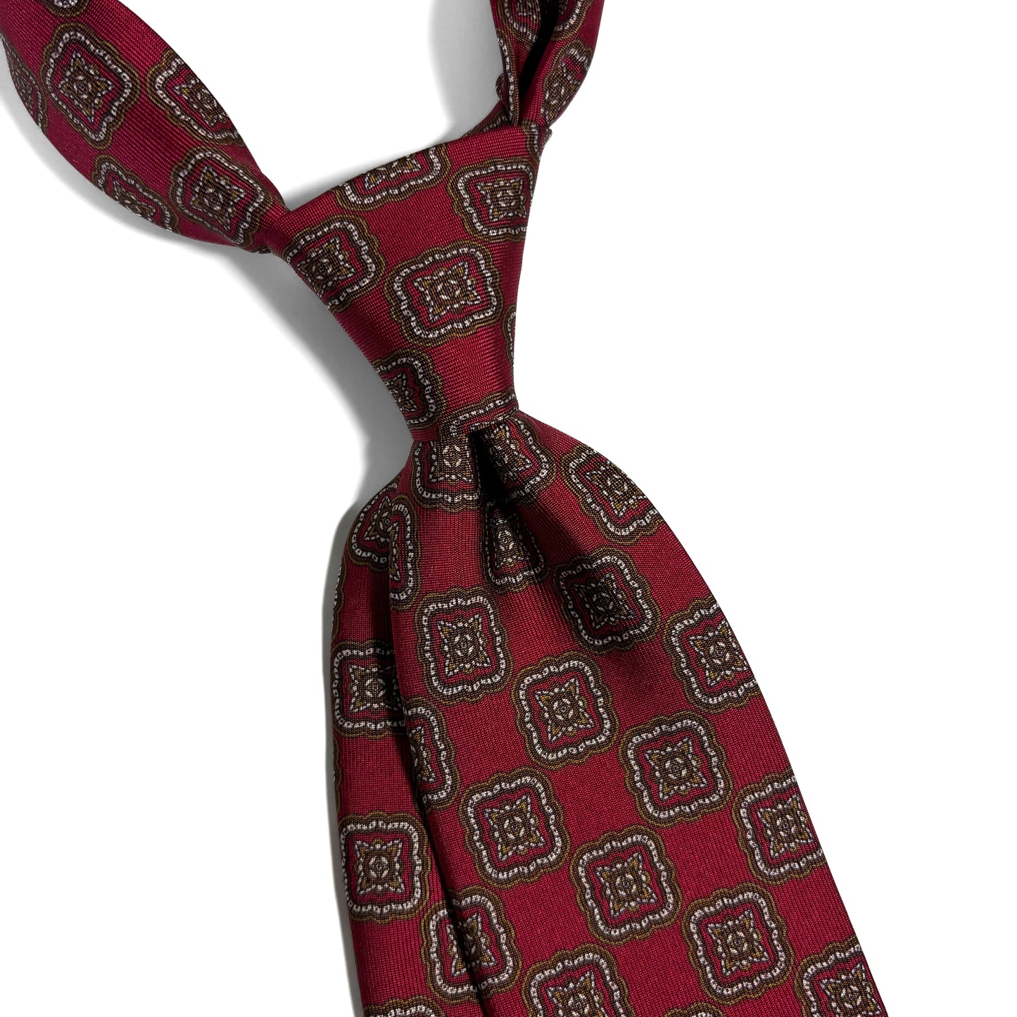 Hand-Printed Red Geometric Medallion Printed Silk Tie