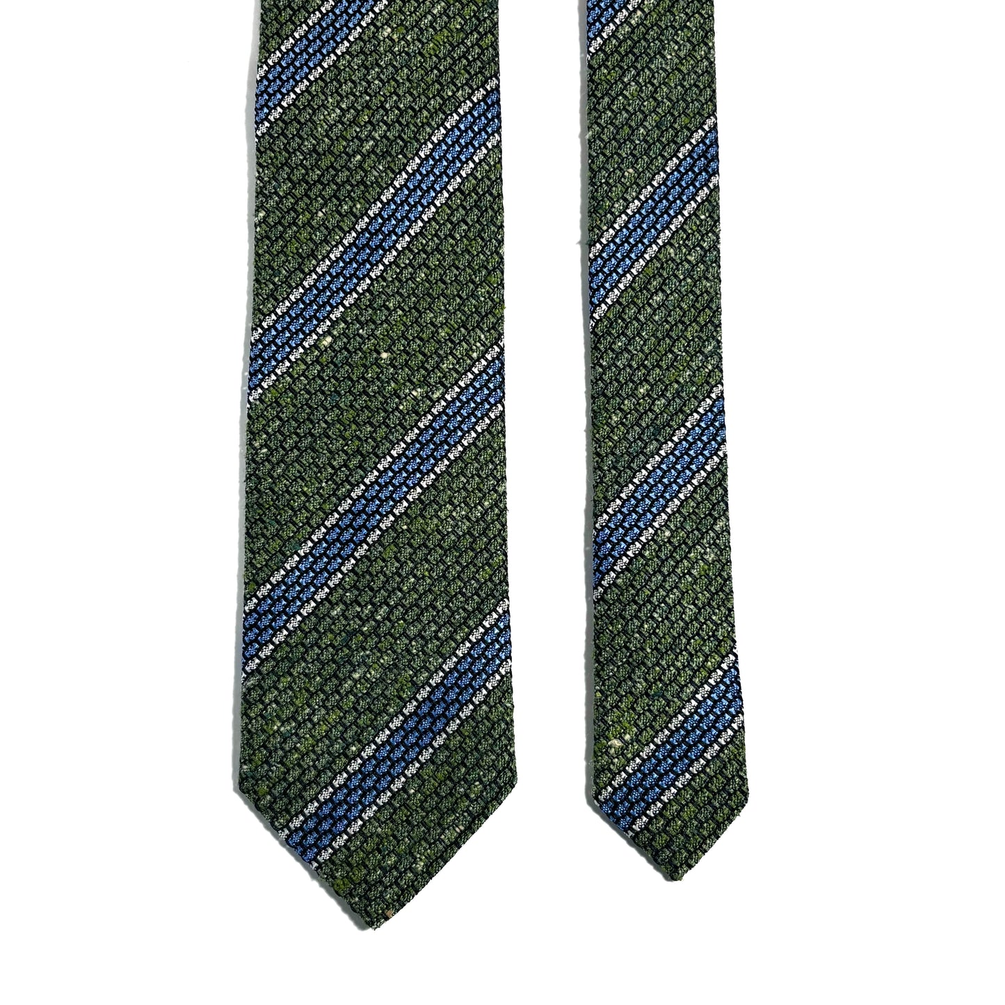 Green & Light Blue Striped Tussah Jaspe Silk Grenadine Tie (Garza Grossa)