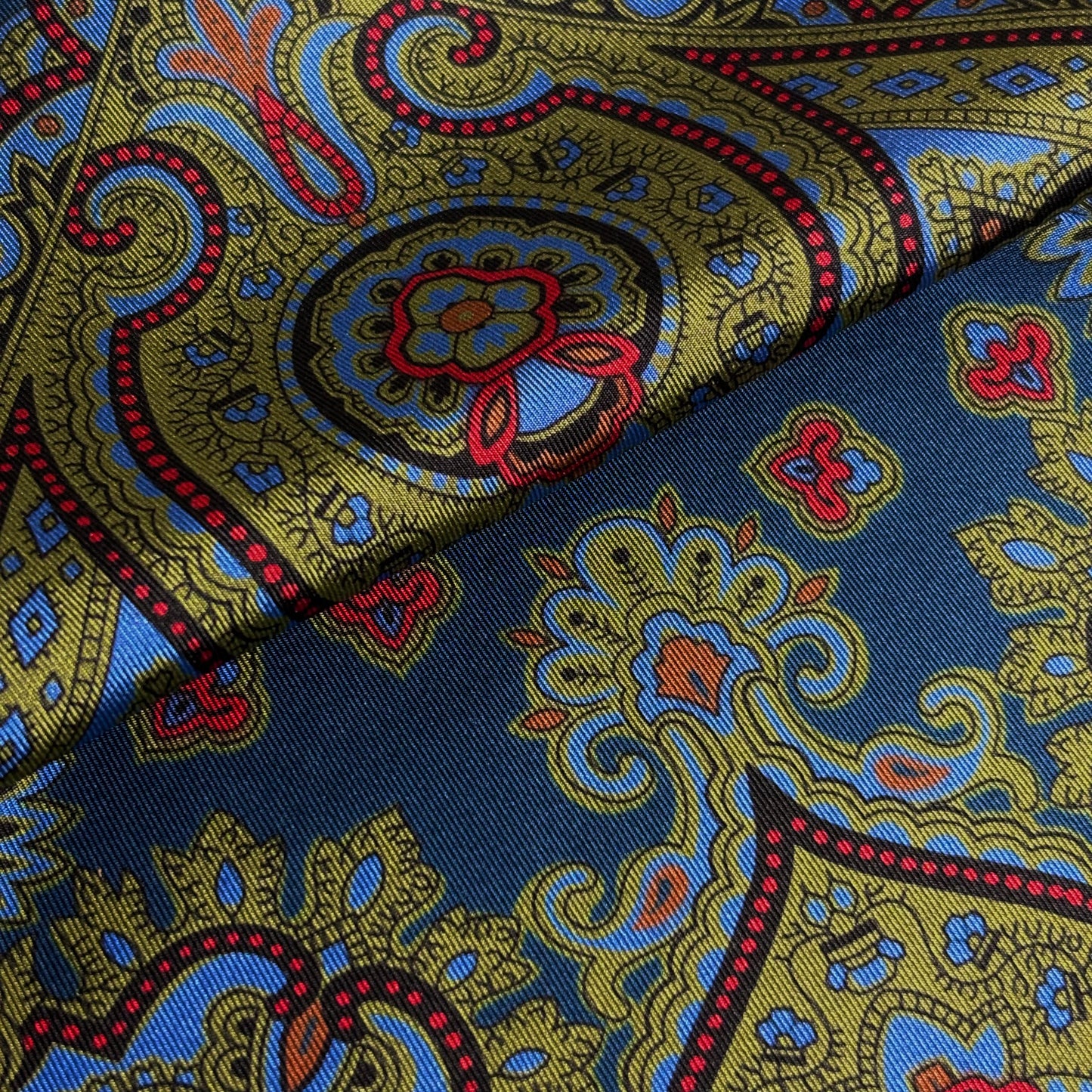 Navy Blue & Olive Green Medallion Ancient Madder Silk Pocket Square