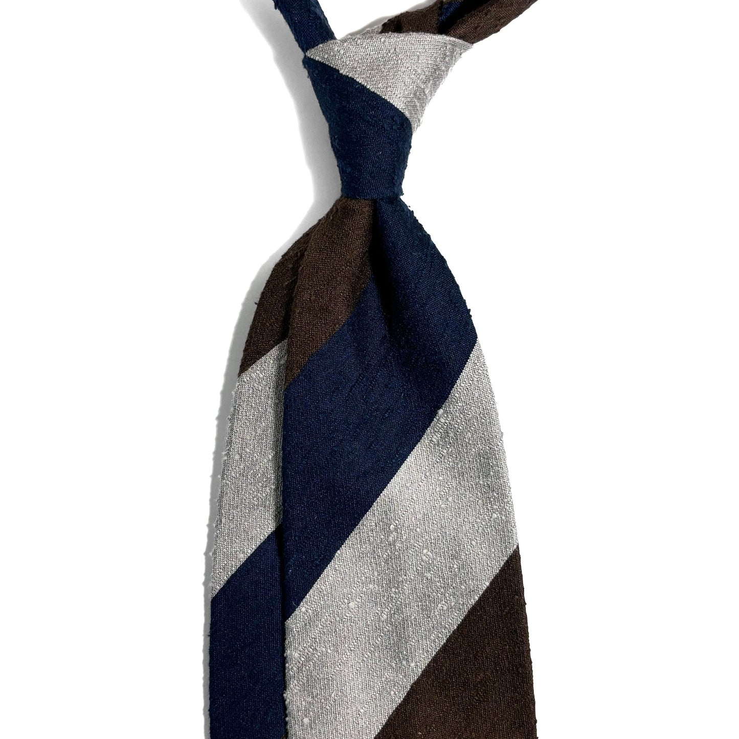 Navy Blue / Silver / Brown Block Stripe Untipped Silk Shantung Tie