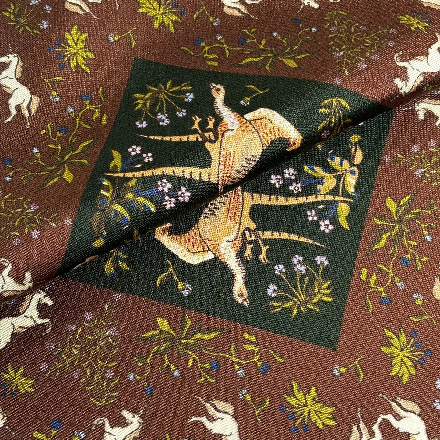 Forest Green & Brown Unicorn Motif Ancient Madder Silk Pocket Square