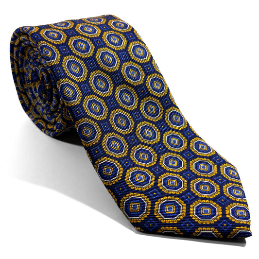 Navy Blue & Yellow Floral Medallion Silk Tie (Handmade in Italy)