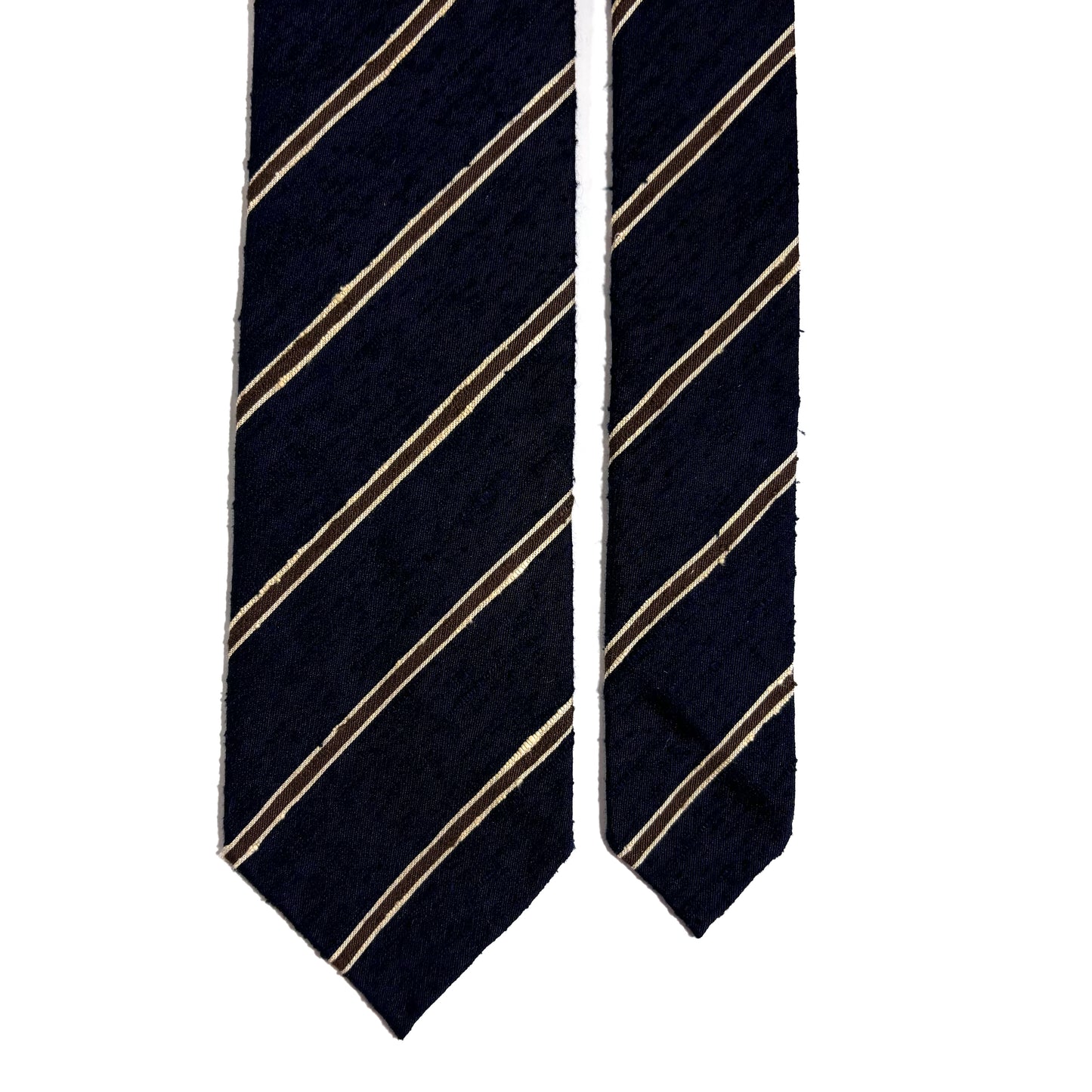 Unlined Navy Blue & Brown Striped Silk Shantung Tie