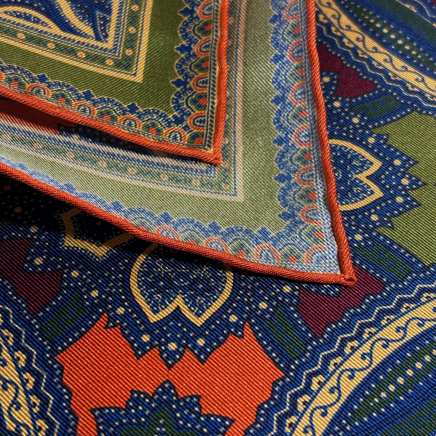 Olive Green & Orange Large Medallion Silk Pocket Square