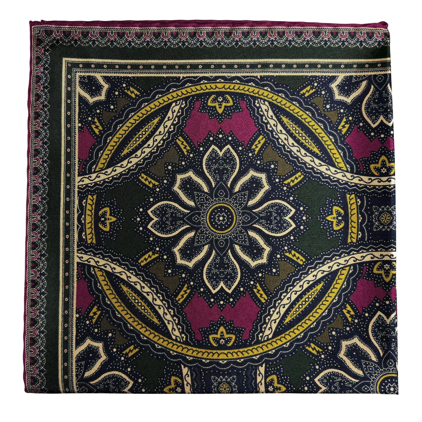 Forest Green & Purple Large Medallion Silk Pocket Square