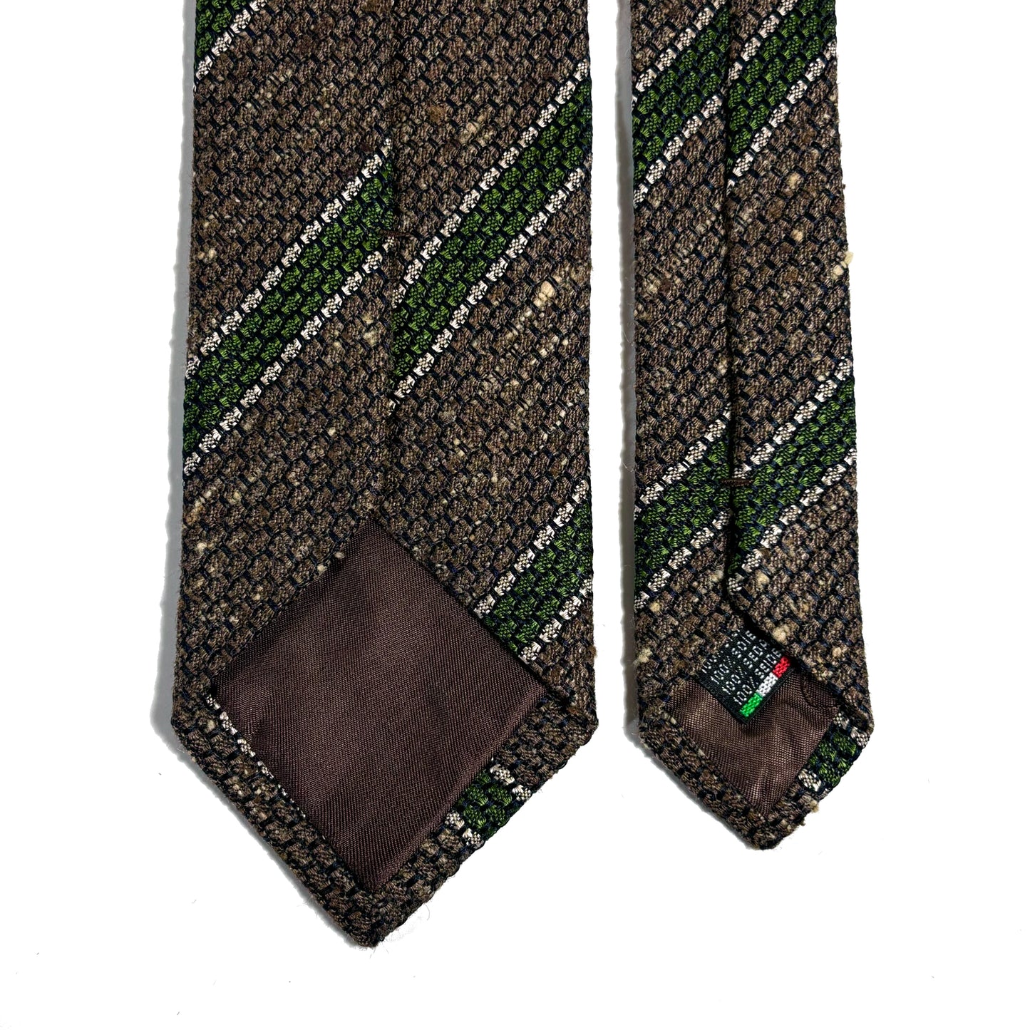 Brown & Green Striped Tussah Jaspe Silk Grenadine Tie (Garza Grossa)