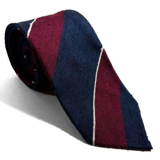 Untipped Navy Blue / Burgundy Block Stripe Silk Shantung Tie