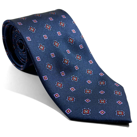 Navy Blue Geometric English Printed Silk Tie